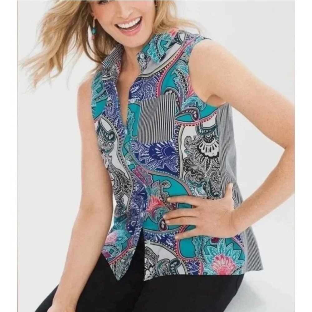 Chicos Sleeveless Button Down Top Paisley Mixed Print Striped Pocket Blue Size 0